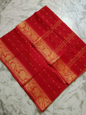 Bikash Dutta Fashion Checkered Tant Pure Cotton Saree(Red)