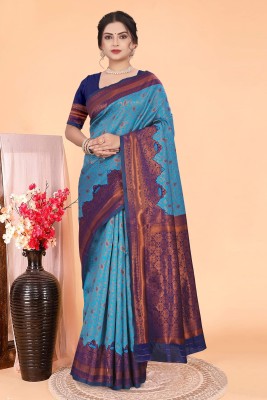 FABLINK Striped Banarasi Jacquard Saree(Blue)