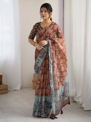 Sareemall Printed Daily Wear Cotton Linen Saree(Brown)