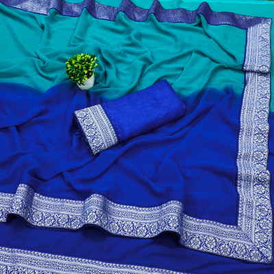 MM VENTURE Color Block Bollywood Georgette Saree(Blue, Light Blue)