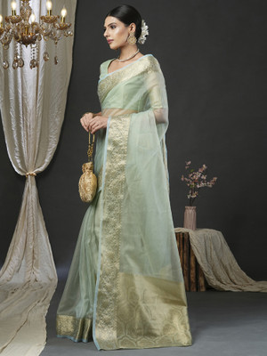 Divastri Woven Banarasi Organza Saree(Light Green, Gold)