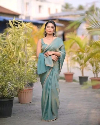JENYA STORE Solid/Plain Saree with Attached Blouse Chiffon Saree(Blue)