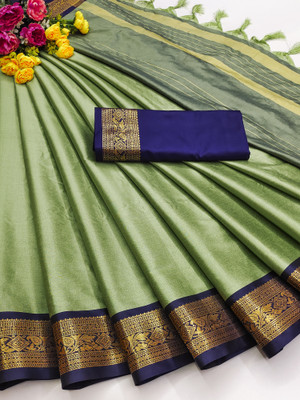 Fashion Club Collection Solid/Plain, Woven, Floral Print Bollywood Cotton Silk Saree(Green)