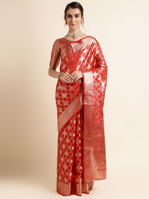 SHRIMAY Floral Print Bollywood Net, Organza Saree(Red)