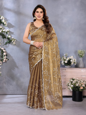 Shrinathji creation Embroidered Bollywood Jimmy choo Saree(Gold)
