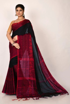 PAL SAREE HAHAL Self Design Handloom Cotton Blend Saree(Black, Red)