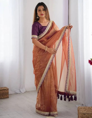 Sareezaa Solid/Plain Bollywood Tissue, Silk Blend Saree(Orange)