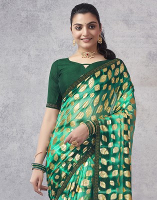 Samah Printed, Embellished Bollywood Lycra Blend Saree(Dark Green, Gold)