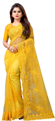 HouseOfCommon Embroidered Bollywood Net Saree(Yellow)