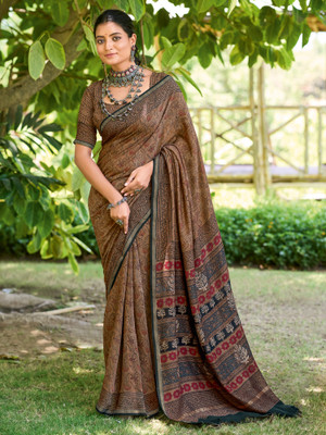 Divastri Printed Daily Wear Cotton Blend Saree(Brown)
