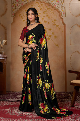 Moda Rapido Floral Print Bollywood Georgette Saree(Black)