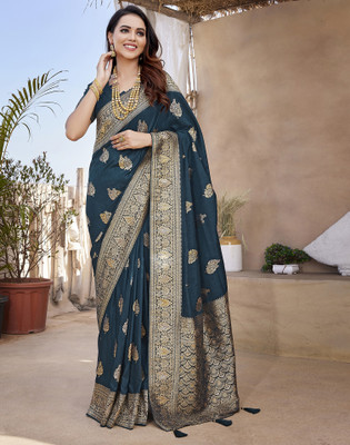 Satrani Woven, Embellished, Self Design Bollywood Silk Blend, Jacquard Saree(Blue, Gold)