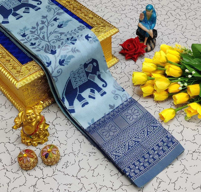 het designer studio Floral Print, Applique, Blocked Printed, Embroidered, Woven, Self Design Bollywood Georgette Saree(Light Blue, Dark Blue)