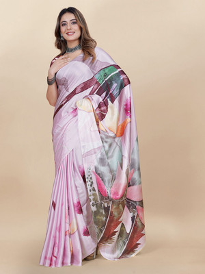 ANOUK Printed Saree with Attached Blouse Satin Saree(Pink)