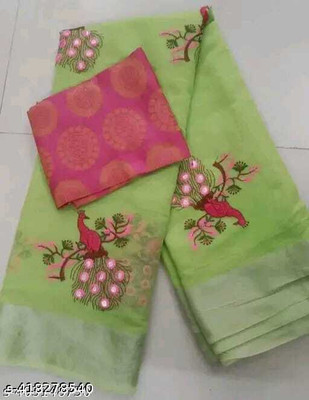 MITRACREATION Self Design Chanderi Cotton Silk Saree(Green)