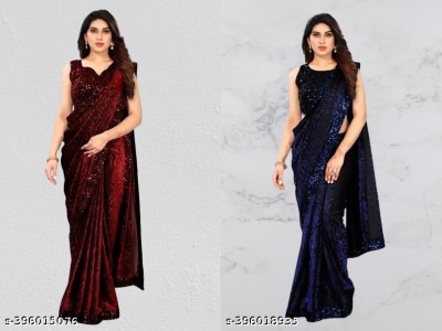 Vragi Embellished Bollywood Lycra Blend Saree(Pack of 2, Maroon, Dark Blue)