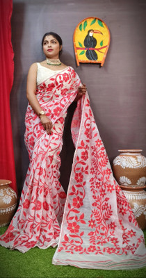 HouseOfCommon Woven Jamdani Cotton Silk Saree(White)