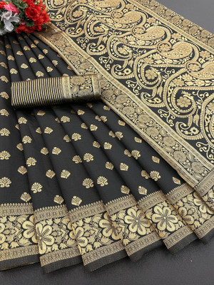 YASHIKA Woven, Printed Banarasi Cotton Silk, Jacquard Saree(Black)