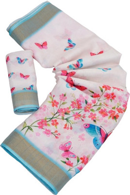 SRCRIATION Floral Print, Printed Bollywood Chanderi Saree(White)