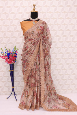 VIVIATRENDZ Digital Print Daily Wear Lycra Blend Saree(Orange)