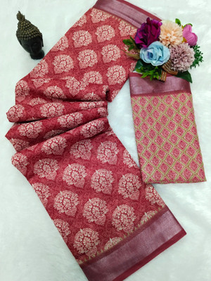 Mervadiya Digital Print Bollywood Cotton Linen, Linen Saree(Maroon)