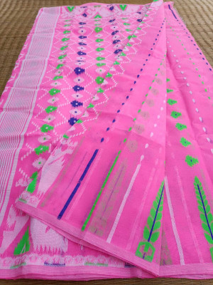 Dristikone Woven Jamdani Pure Cotton Saree(Pink)