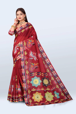 Ethnic Trendz Digital Print Saree with Attached Blouse Cotton Linen Saree(Maroon)