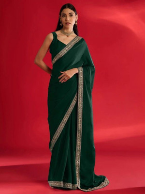 Panchvati NX Solid/Plain, Embroidered Bollywood Satin Saree(Dark Green)
