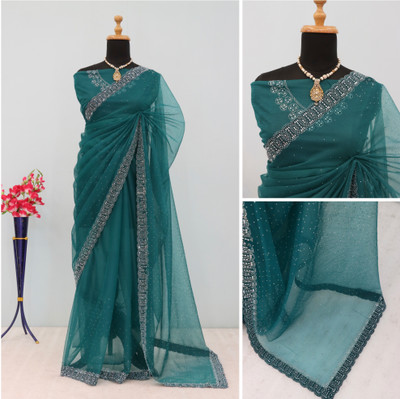 VarniRaaj Fashion Embellished Bollywood Supernet Saree(Dark Green)