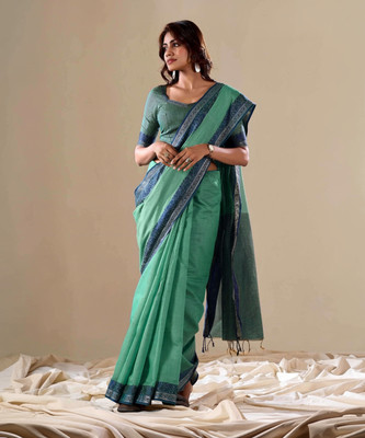 Ethnic Junction Solid/Plain Daily Wear Cotton Blend Saree(Green)