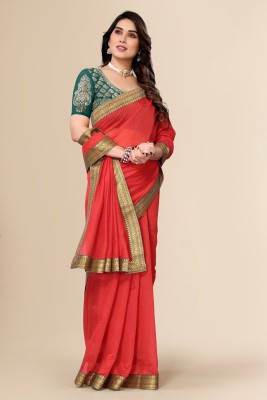 FABMORA Solid/Plain, Embellished Bollywood Cotton Silk Saree(Red)