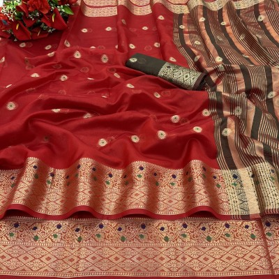 KREZVI Woven Banarasi Jacquard, Organza Saree(Red)