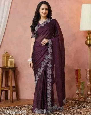 Kathiyawad Embroidered, Embellished, Floral Print, Self Design, Woven Assam Silk Georgette Saree(Purple)