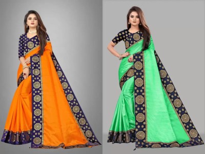 ONTIC LIFESTYLE Self Design Assam Silk Art Silk Saree(Pack of 2, Green)