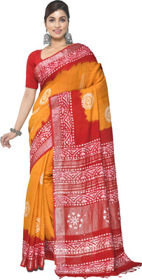 crochetin Printed Handloom Cotton Linen Saree(Yellow)