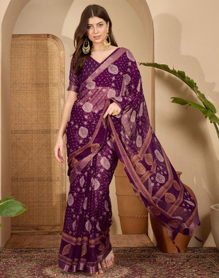 Samah Geometric Print, Printed, Embellished Bollywood Chiffon, Georgette Saree(Purple)
