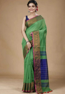 S G SAREES Woven, Striped Bhagalpuri Handloom Cotton Silk Saree(Green, Pink)