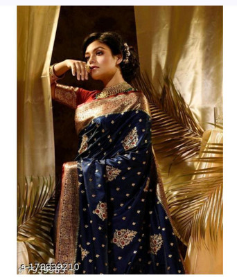 EEFA FASHION Embroidered Banarasi Satin Saree(Dark Blue)
