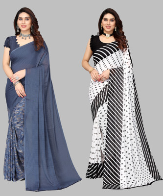 YASHIKA Printed, Floral Print Daily Wear Georgette Saree(Pack of 2, Grey)