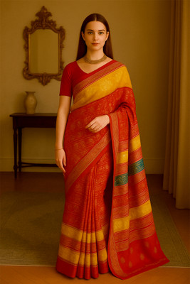 BRTION Woven, Floral Print, Temple Border Assam Silk Cotton Silk Saree(Multicolor)