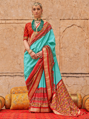 Sareemall Woven Patola Silk Blend Saree(Light Blue)