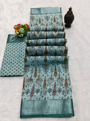 HouseOfCommon Printed Kanjivaram Linen, Cotton Linen Saree(Light Blue)