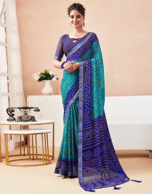 Samah Printed, Embellished Bandhani Chiffon, Georgette Saree(Blue, Multicolor)