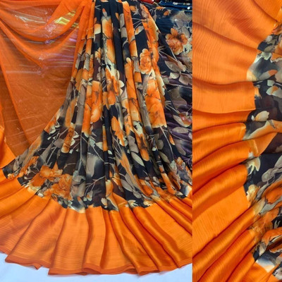 VISIONEMBRO Printed Bollywood Georgette, Satin Saree(Orange)