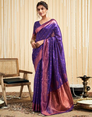 Samah Woven, Embellished Kanjivaram Silk Blend, Jacquard Saree(Purple, Brown)