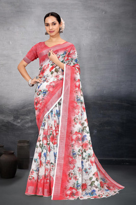 HouseOfCommon Floral Print Bollywood Cotton Linen Saree(Red)