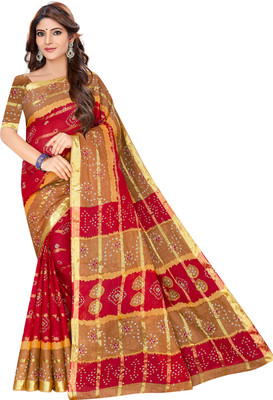 RUKAMANI Printed Bandhani Cotton Jute Saree(Red)