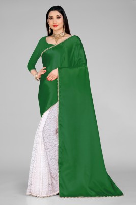 VANRAJ CREATION Color Block Bollywood Satin, Net Saree(White, Green)