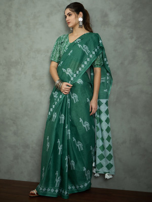 Divastri Printed Daily Wear Cotton Blend Saree(Green)