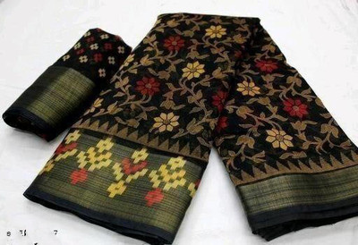 ZVARIETY Floral Print Bhagalpuri Cotton Blend, Cotton Linen Saree(Black)